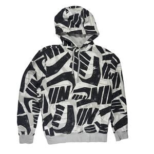 Nike Men’s Medium Gray Pullover Hoodie Black Logo Repeat Print Sweatshirt